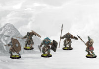Five individual, painted W'adrhŭn Braves miniatures in various defensive poses, equipped with shields and simple melee weapons.