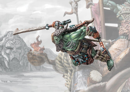 Fully painted W'adrhŭn Chieftain alternate sculpt (plastic) in a dynamic mid-air pose, wielding a massive sword and designed for the Tontorr mount.