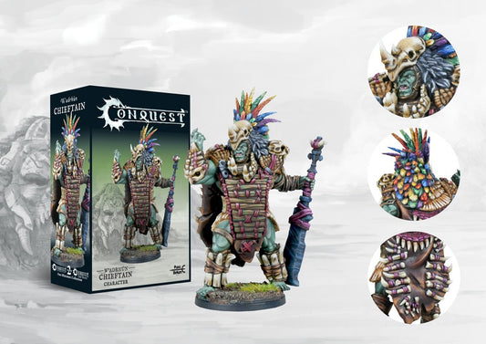 Box art and painted Conquest W'adrhŭn Chieftain character model, showcasing the tribal commander who leads W'adrhŭn raids and military campaigns.
