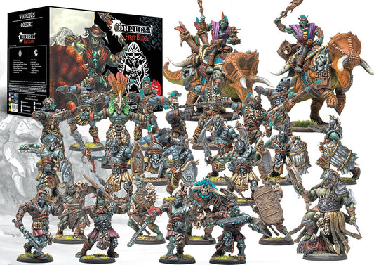 A collection of painted W'adrhŭn miniatures from the Cohort Starter Set, featuring the Predator character, Thunder Riders (dinosaur cavalry), and various Braves and Veterans infantry units.