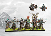 A fully painted regiment of W'adrhŭn Hunters (Light Infantry), displaying the spear-throwing models in tribal gear with their unique command standard.