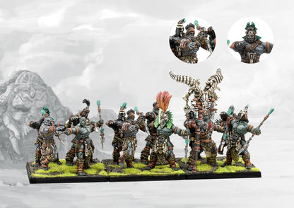 A fully painted regiment of W'adrhŭn Hunters (Light Infantry), displaying the spear-throwing models in tribal gear with their unique command standard.