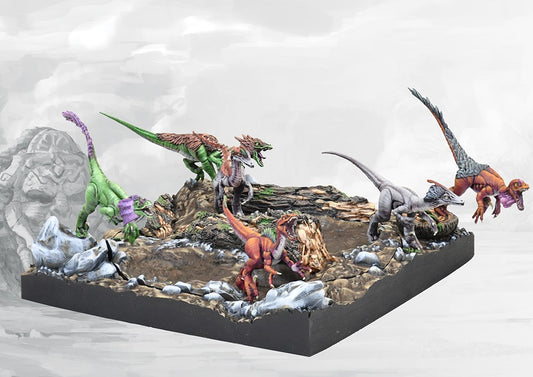 A painted W'adrhŭn Hunting Pack regiment, featuring 18 uzibukhali (smart claw) small dinosaur miniatures on a diorama-style base. This unit serves as light cavalry and skirmishers.