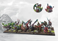 A fully painted W'adrhŭn Hunting Pack regiment base, showcasing numerous fast-moving, brightly colored small dinosaur models (light cavalry) ready for battle.