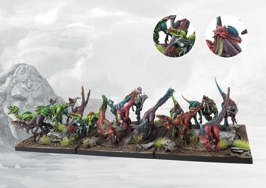 A fully painted W'adrhŭn Hunting Pack regiment base, showcasing numerous fast-moving, brightly colored small dinosaur models (light cavalry) ready for battle.