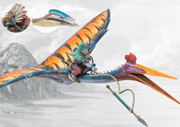 Fully painted W'adrhŭn Quatl monster miniature with rider, showcasing its massive orange and blue patterned wings and harpoon weapon, acting as the army's long-range aerial operator.