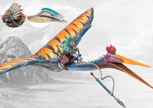 Fully painted W'adrhŭn Quatl monster miniature with rider, showcasing its massive orange and blue patterned wings and harpoon weapon, acting as the army's long-range aerial operator.