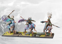 A fully painted regiment of W'adrhŭn Raptor Riders, showcasing the fast, predatory dinosaur mounts and their riders armed with spears.