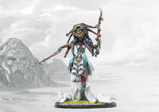 Close-up details of the Scion of Death miniature, highlighting the intricate four-armed design, grotesque tribal mask, and wickedly curved sacrificial blades.