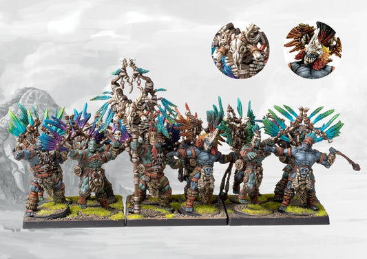 A close-up of a fully painted W'adrhŭn Slingers regiment in formation, highlighting the powerful tribal command model and feathered headpieces.