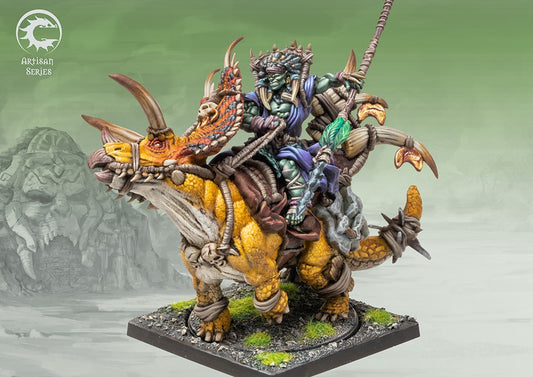 Fully painted W'adrhŭn Thunder Chieftain miniature (Artisan Series), showcasing the commander figure on the massive, horned Thunder Rider mount.