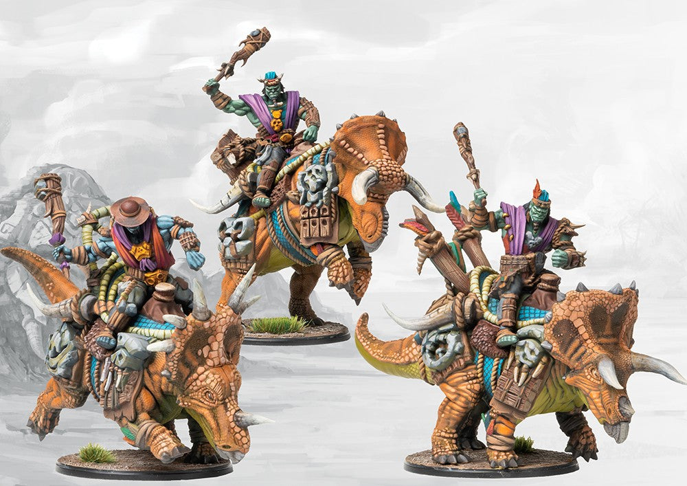 Three painted W'adrhŭn Thunder Rider models in dynamic poses, featuring alternative headgear and weapons for the riders, ready for shock cavalry attack.