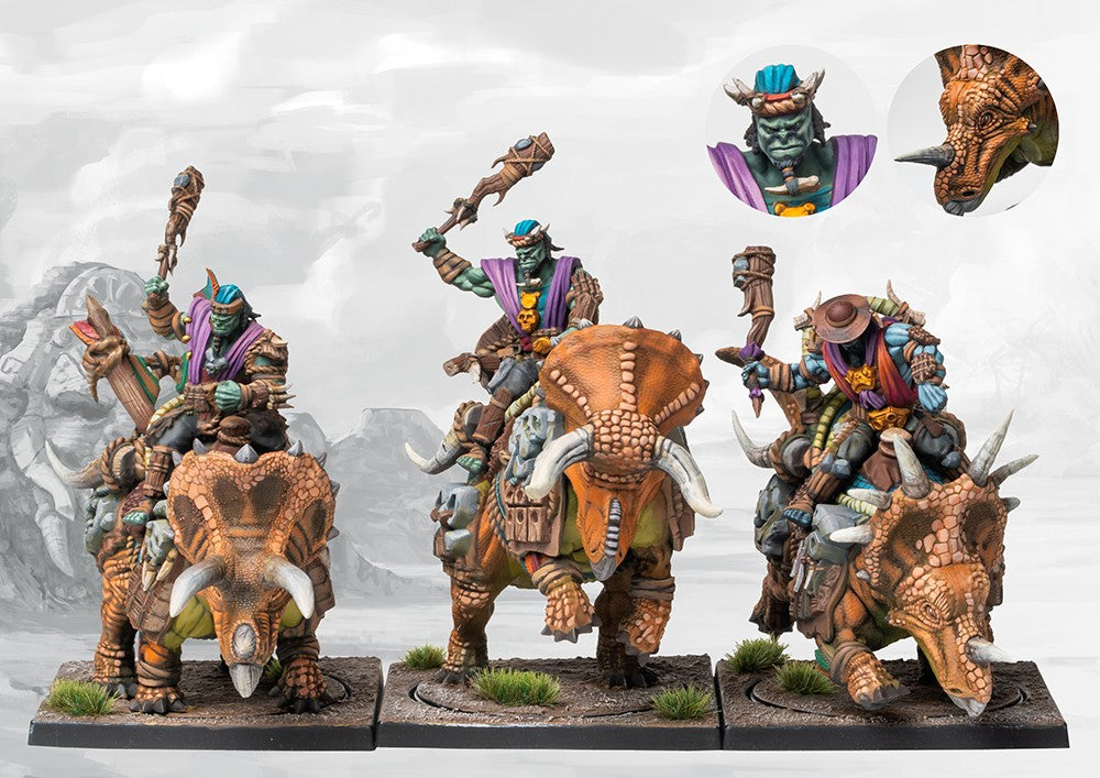 A fully painted regiment of W'adrhŭn Thunder Riders, showcasing the three dinosaur mounts and their orc-like riders ready for a debilitating charge.