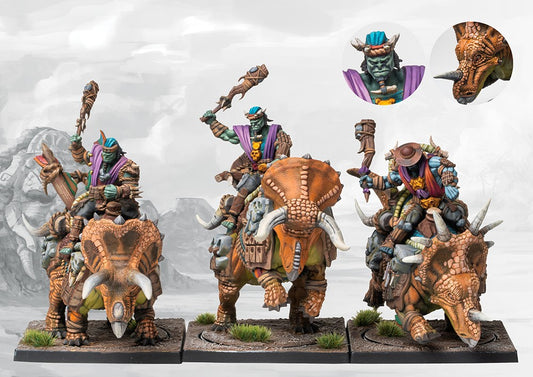 A fully painted regiment of W'adrhŭn Thunder Riders, showcasing the three dinosaur mounts and their orc-like riders ready for a debilitating charge.