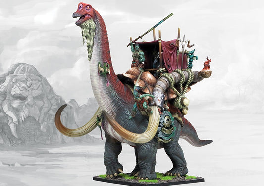 Fully painted W'adrhŭn Tontorr monster model, showcasing the colossal herbivore dinosaur mounted with a tribal wooden fortress and crew.