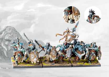 A fully painted regiment of W'adrhŭn Thunder Riders, showcasing the three dinosaur mounts and their orc-like riders ready for a debilitating charge.