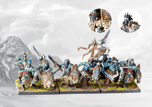 A fully painted regiment of W'adrhŭn Thunder Riders, showcasing the three dinosaur mounts and their orc-like riders ready for a debilitating charge.
