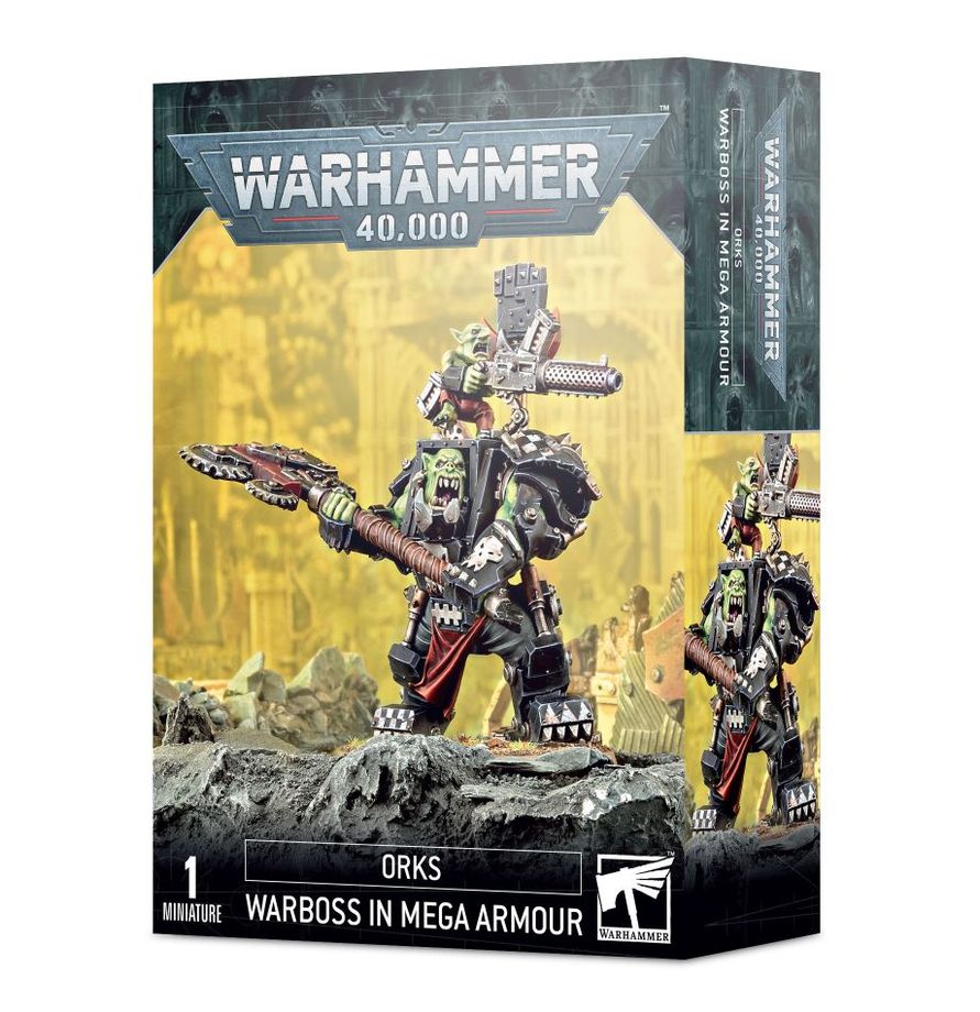 The official retail product box for the Warboss in Mega Armour miniature kit, featuring the fully assembled and painted Ork model.