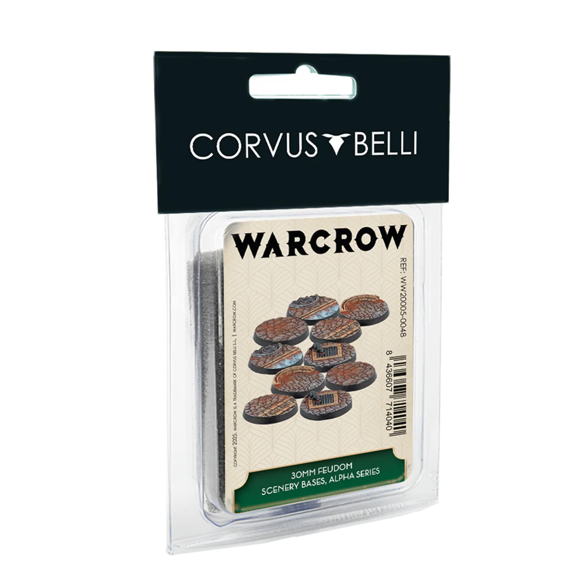 The packaging for the Warcrow 30mm Feudom Scenery Bases, Alpha Series.