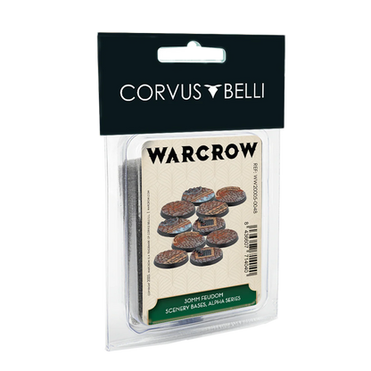 The packaging for the Warcrow 30mm Feudom Scenery Bases, Alpha Series.