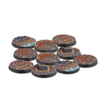 A group shot of the 10 unpainted 30mm Feudom Scenery Bases from the Alpha Series for Warcrow.