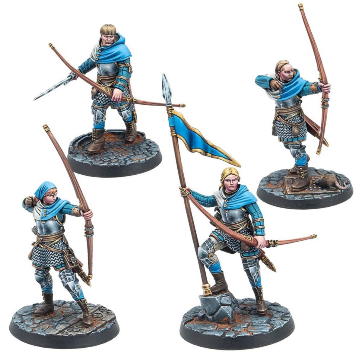 Fully painted Feudom Archers miniatures equipped with bows displayed on scenic bases.