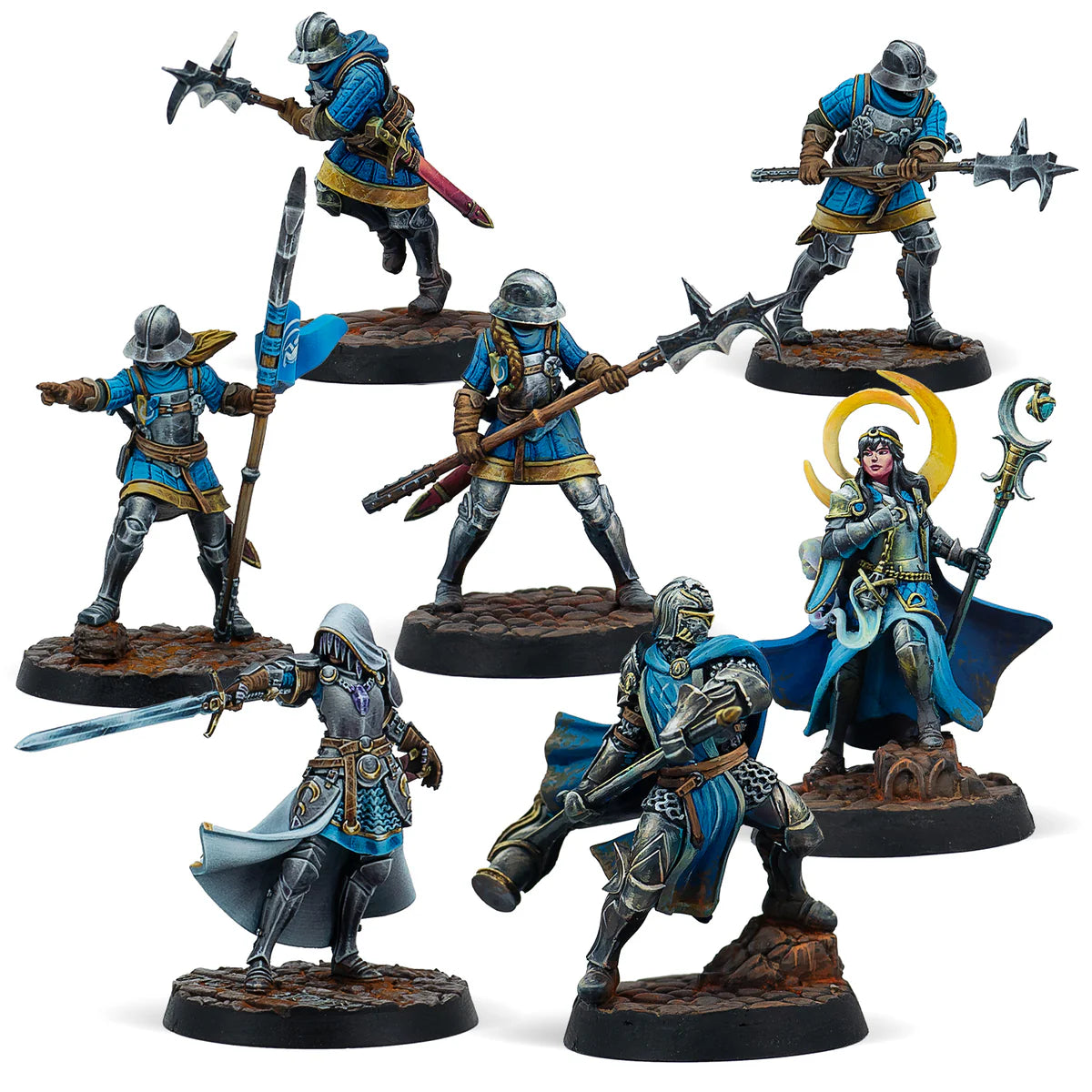 A group shot of the 7 painted Feudom miniatures from the Warcrow: Song of the Dormant battle pack.