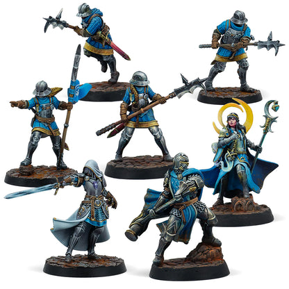A group shot of the 7 painted Feudom miniatures from the Warcrow: Song of the Dormant battle pack.
