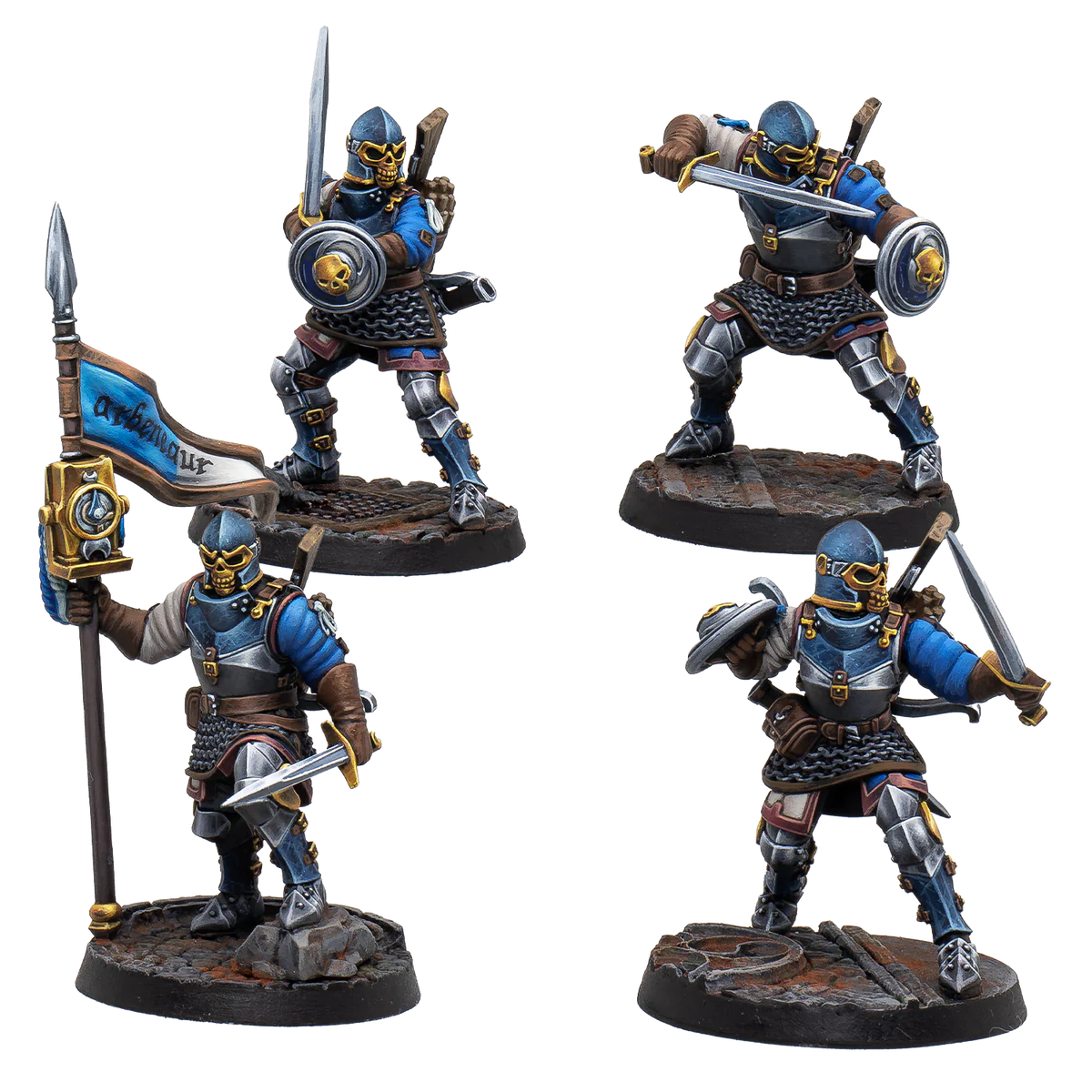 A group shot of the 4 painted miniatures from the Warcrow Feudom Guardians of the Mounds set.