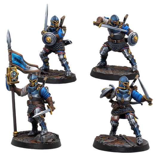 A group shot of the 4 painted miniatures from the Warcrow Feudom Guardians of the Mounds set.