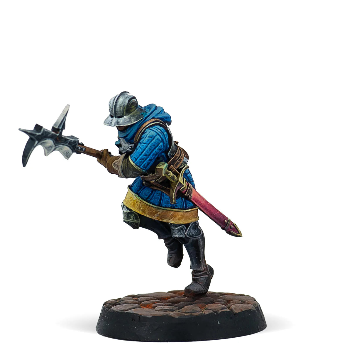 A painted Warcrow miniature of a male Feudom Guisarmier in a running pose with a halberd.