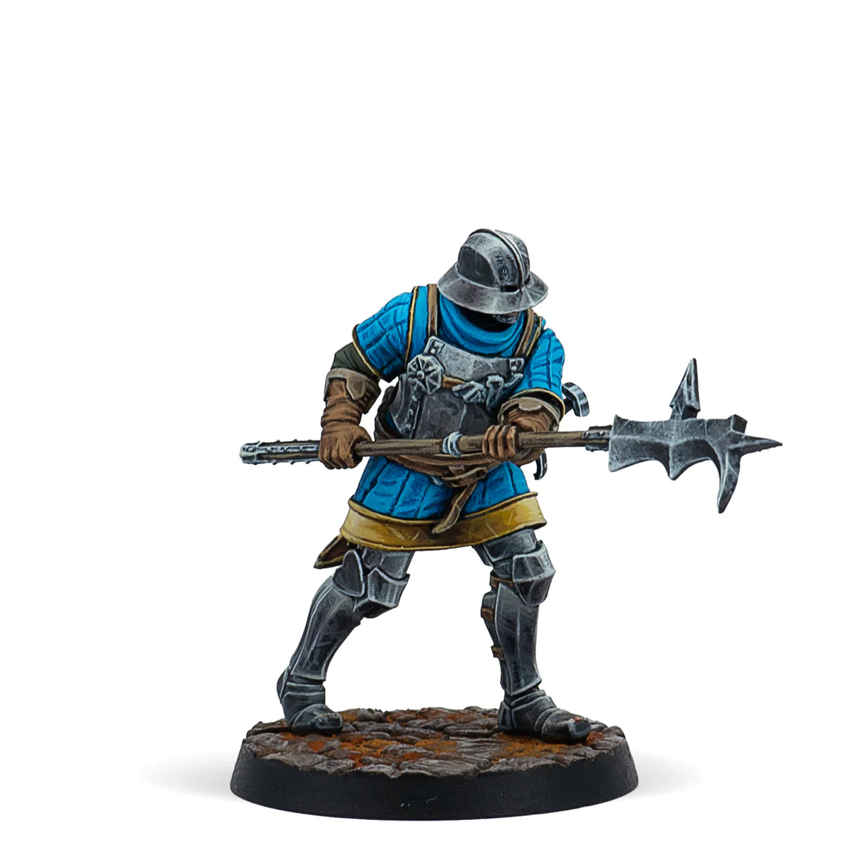 A painted Warcrow miniature of a male Feudom Guisarmier holding a halberd.
