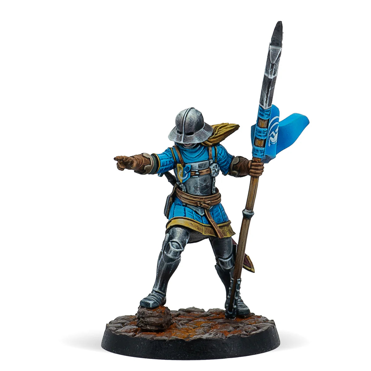 A painted Warcrow miniature of a female Feudom Guisarmier Sergeant, pointing forward and holding a polearm.