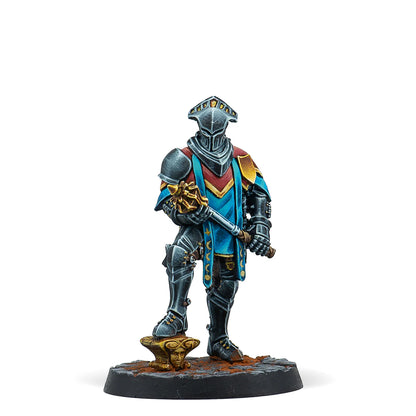 A painted Warcrow miniature of a Feudom Mace Escort in a stoic pose, wearing full plate armour.