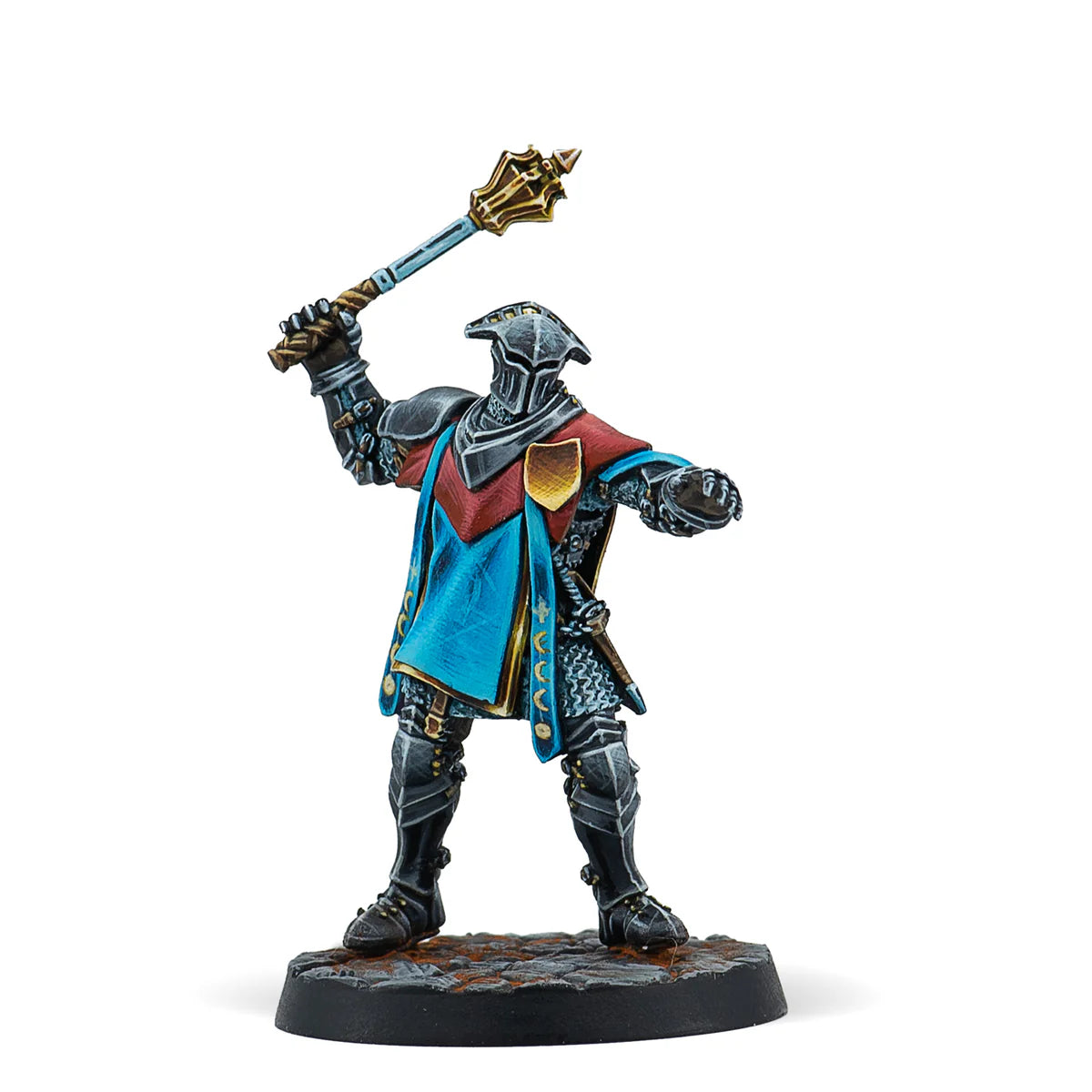 A painted Warcrow miniature of a Feudom Mace Escort in a dynamic pose, swinging a mace.