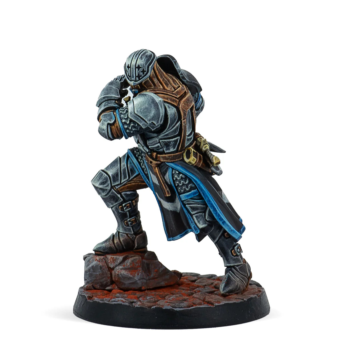 A side view of the exclusive painted Syzigian miniature, showing the detail on its plate armour.