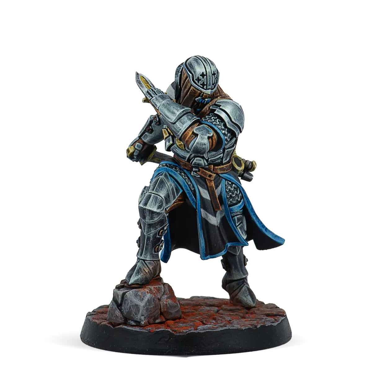 The exclusive painted Syzigian miniature, a Feudom knight in ornate silver armour, viewed from the front.