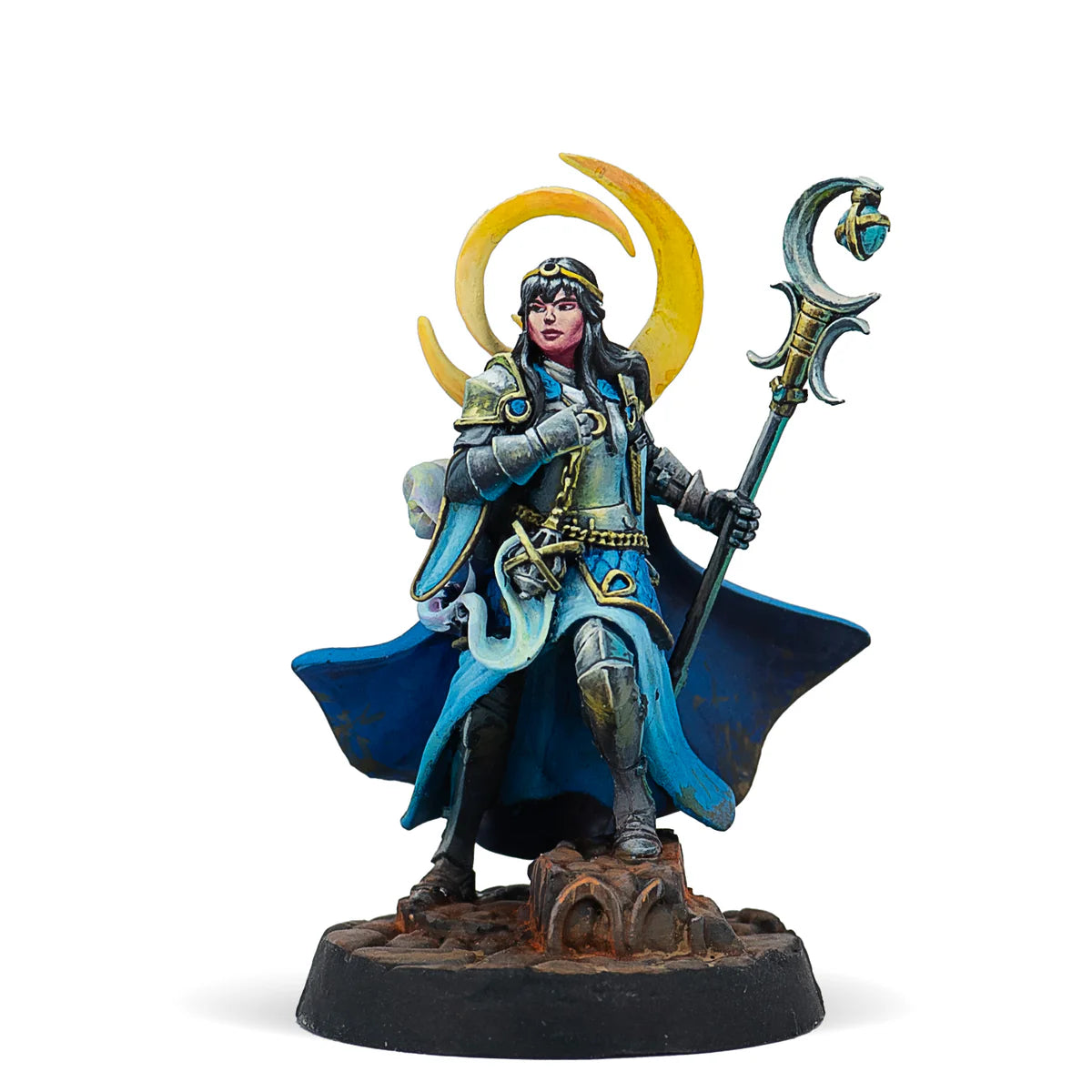 A painted Warcrow miniature of Verena of Aurtigard, High Priestess of Selas, wearing silver armour and holding a staff.