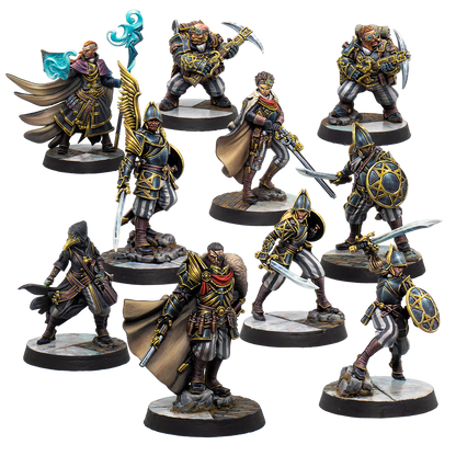 A group shot of the 10 painted miniatures from the Warcrow Hegemony Action Pack.