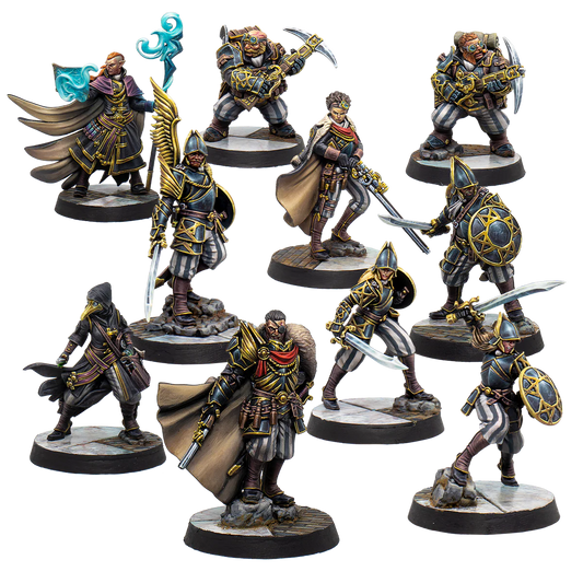 A group shot of the 10 painted miniatures from the Warcrow Hegemony Action Pack.