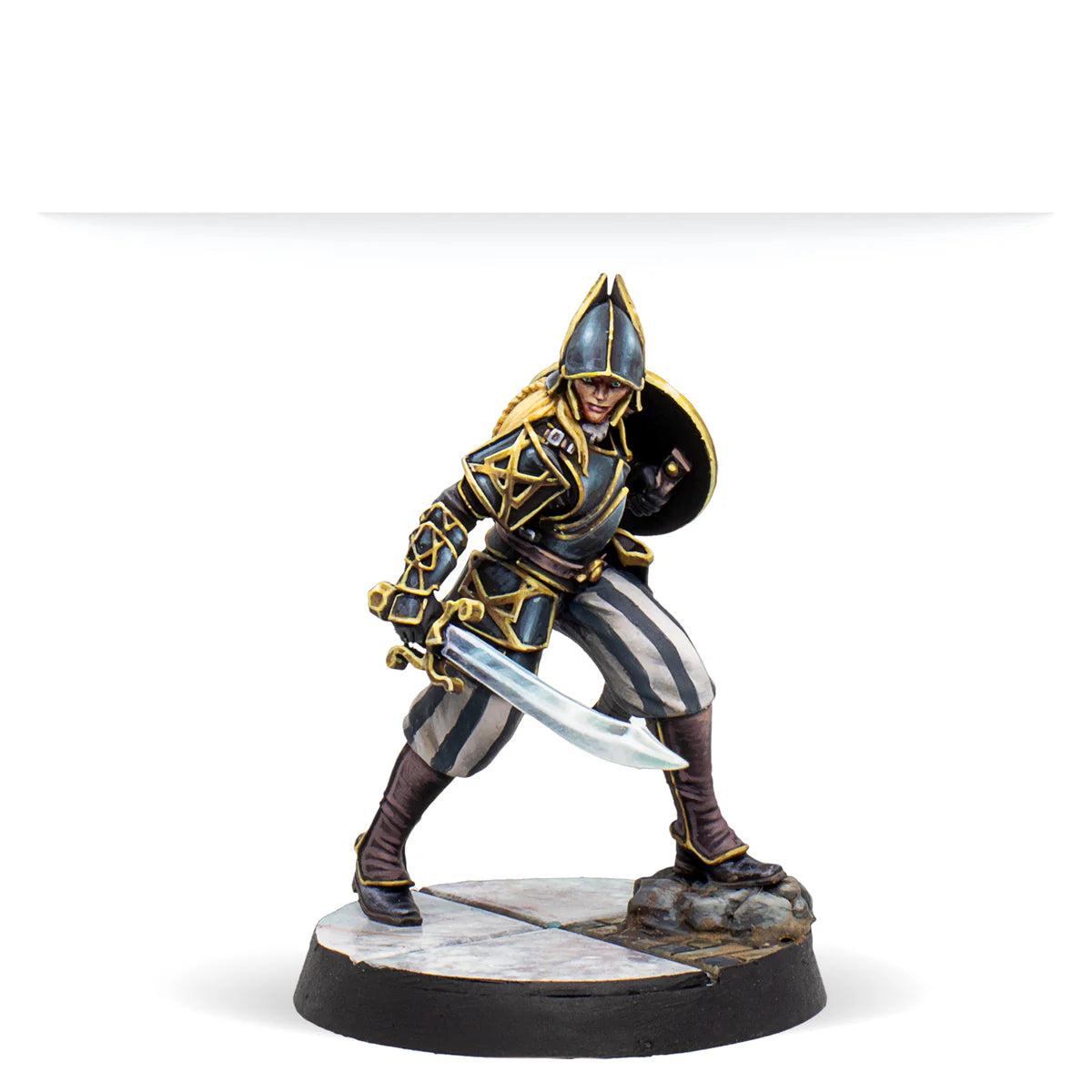 A painted Warcrow miniature of a female Black Legion Bucklerman in a dynamic pose with sword and shield.