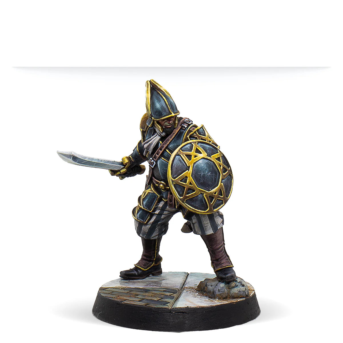 A painted Warcrow miniature of a male Black Legion Bucklerman looking forward with sword and shield.