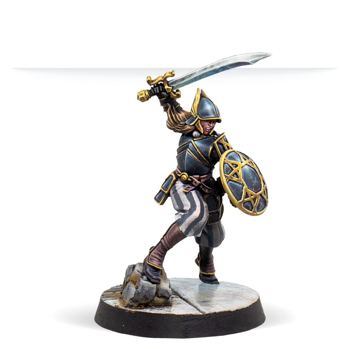 A painted Warcrow miniature of a male Black Legion Bucklerman in a defensive stance with sword and shield.
