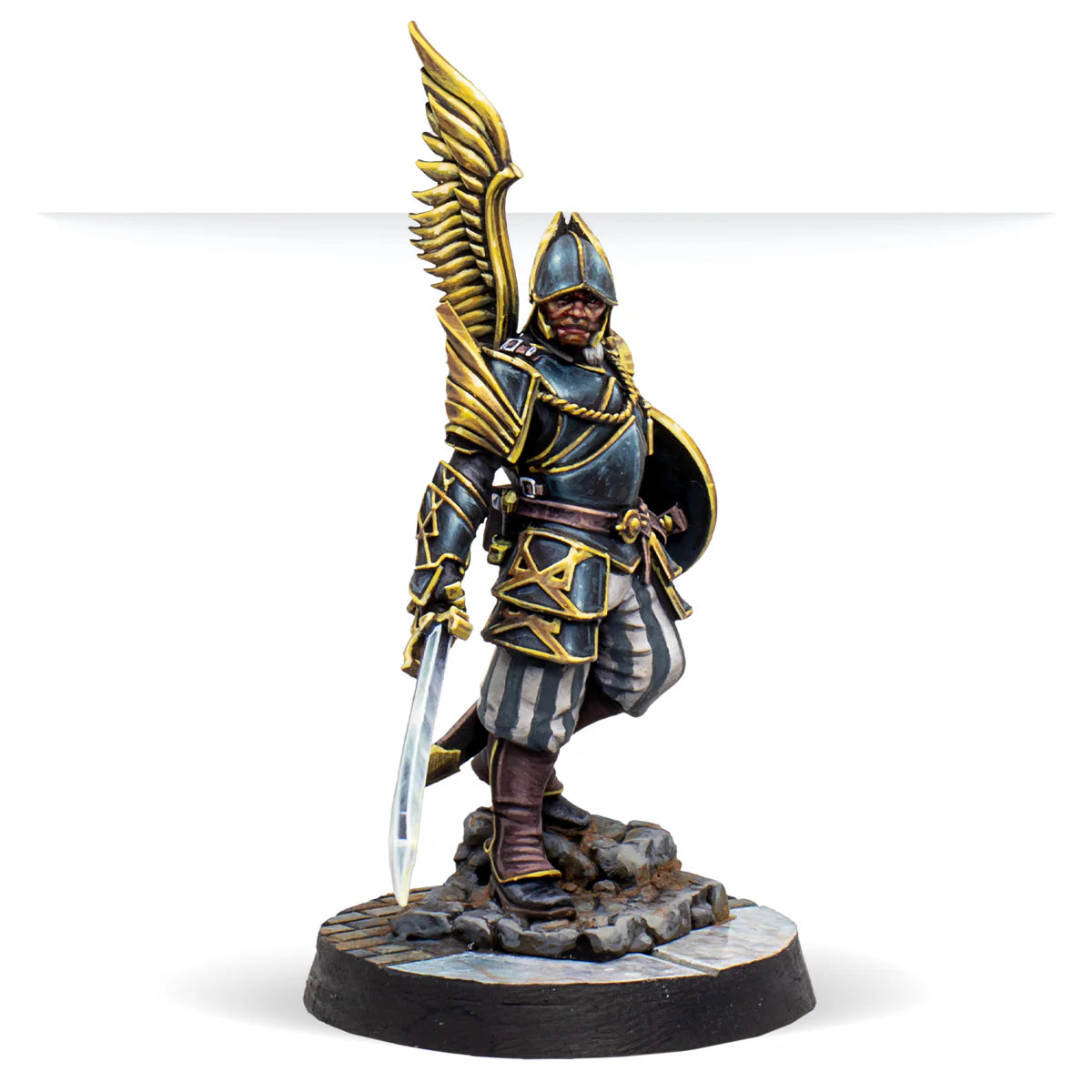 A painted Warcrow miniature of a Black Legion Bucklerman with a single golden wing on his back.