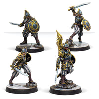 A group shot of the four painted Warcrow miniatures from the Hegemony Black Legion Bucklermen set.