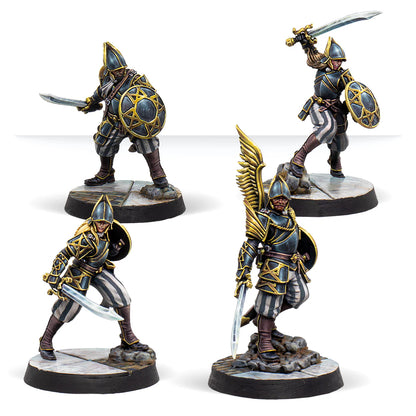 A group shot of the four painted Warcrow miniatures from the Hegemony Black Legion Bucklermen set.