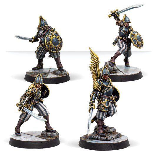A group shot of the four painted Warcrow miniatures from the Hegemony Black Legion Bucklermen set.