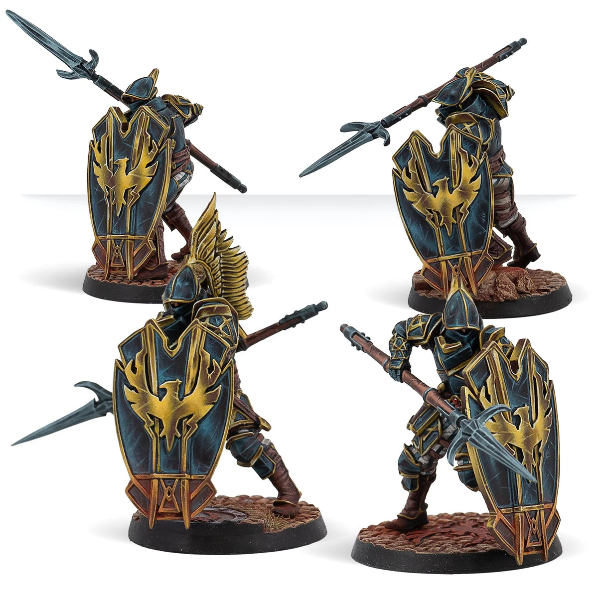Fully painted Hegemony Bulwarks miniatures equipped with shields and weapons displayed on scenic bases.