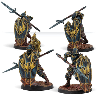 Fully painted Hegemony Bulwarks miniatures equipped with shields and weapons displayed on scenic bases.