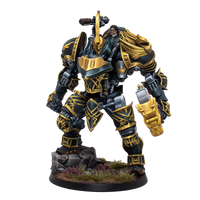 A painted Warcrow miniature of the Hegemony of Embersig War Rig, a large mech in black and gold armour.